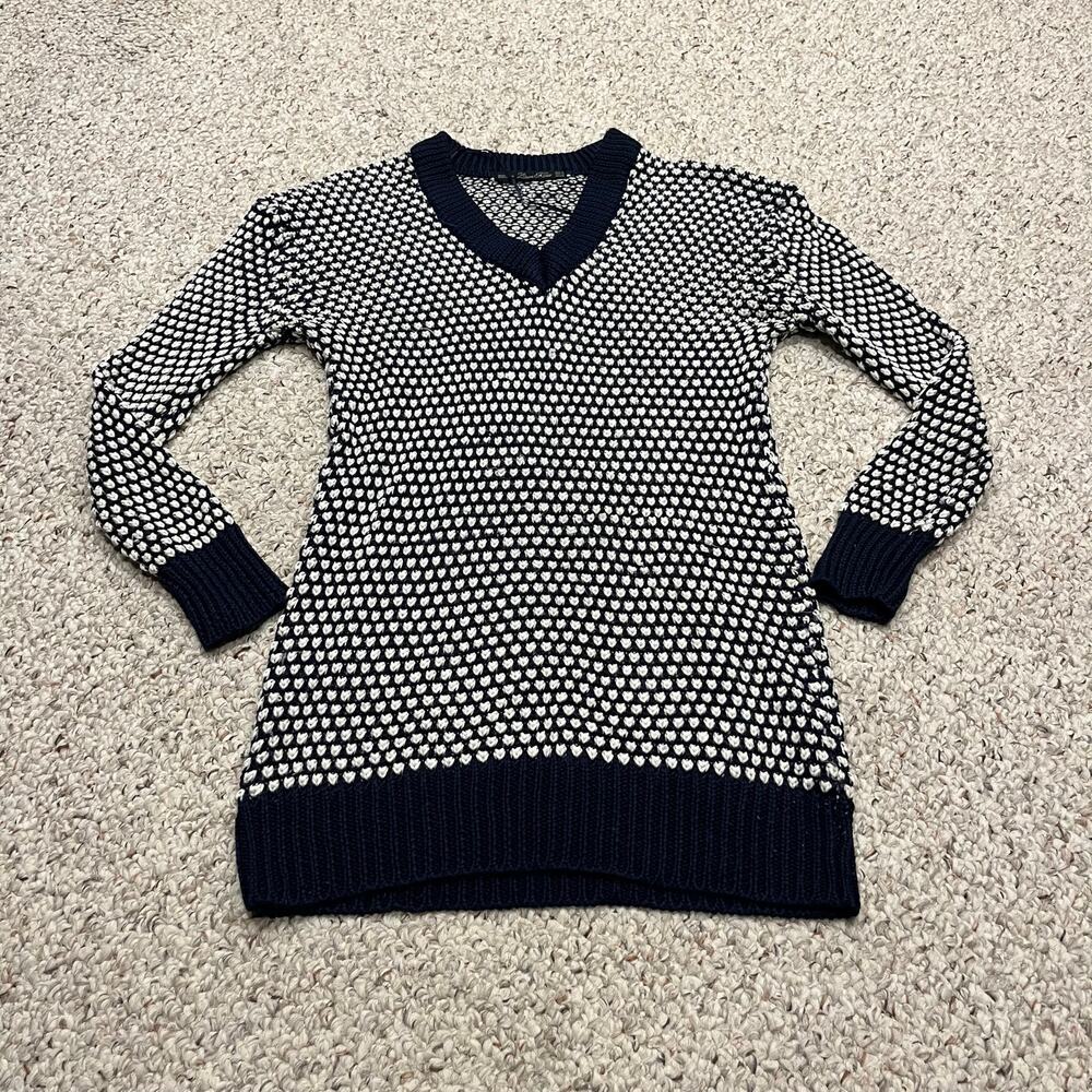 Zara Knit Textured V Neck Sweater S Birds Eye Pattern Classic Casual Preppy